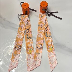 brand new Hermes pair equator equater twilly apricot orange